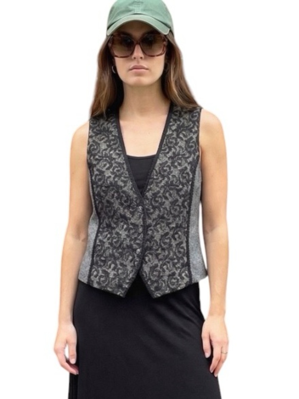 Chico's 90s Black lace button-up vest gray wool-blend brocade Trim steam punk